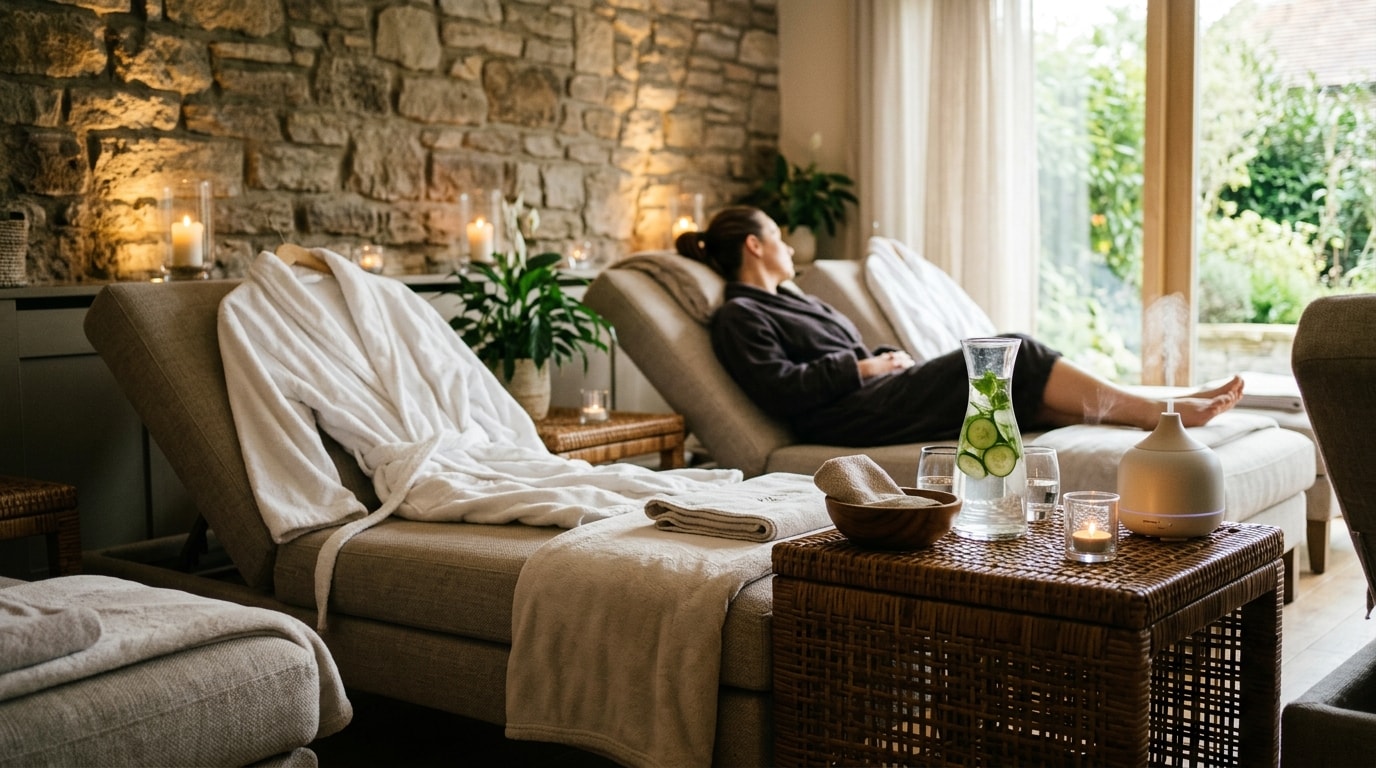 Luxury spa relaxation room with plush robes and ambient candlelight