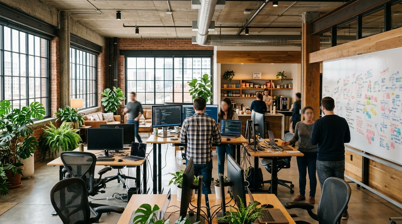 Startup office with standing desks, whiteboards, and open floor plan