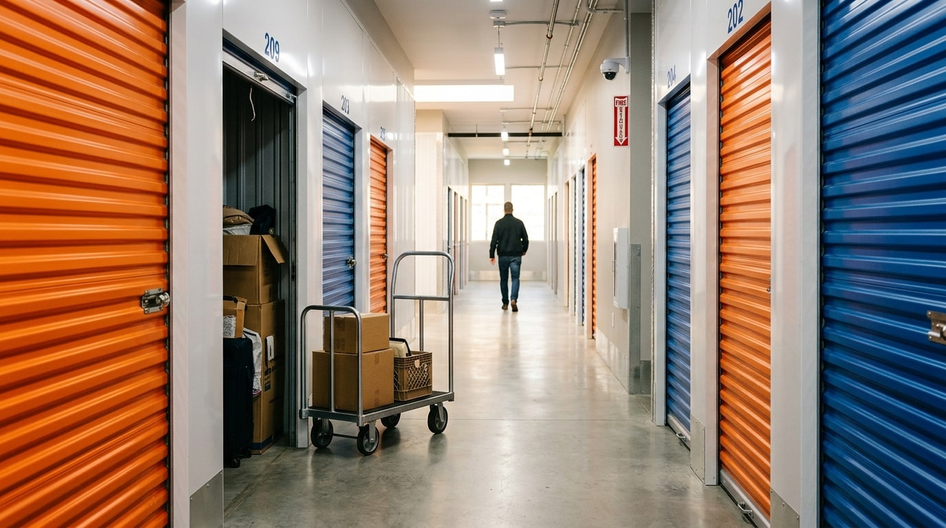 Clean self-storage facility hallway with roll-up doors and bright lighting