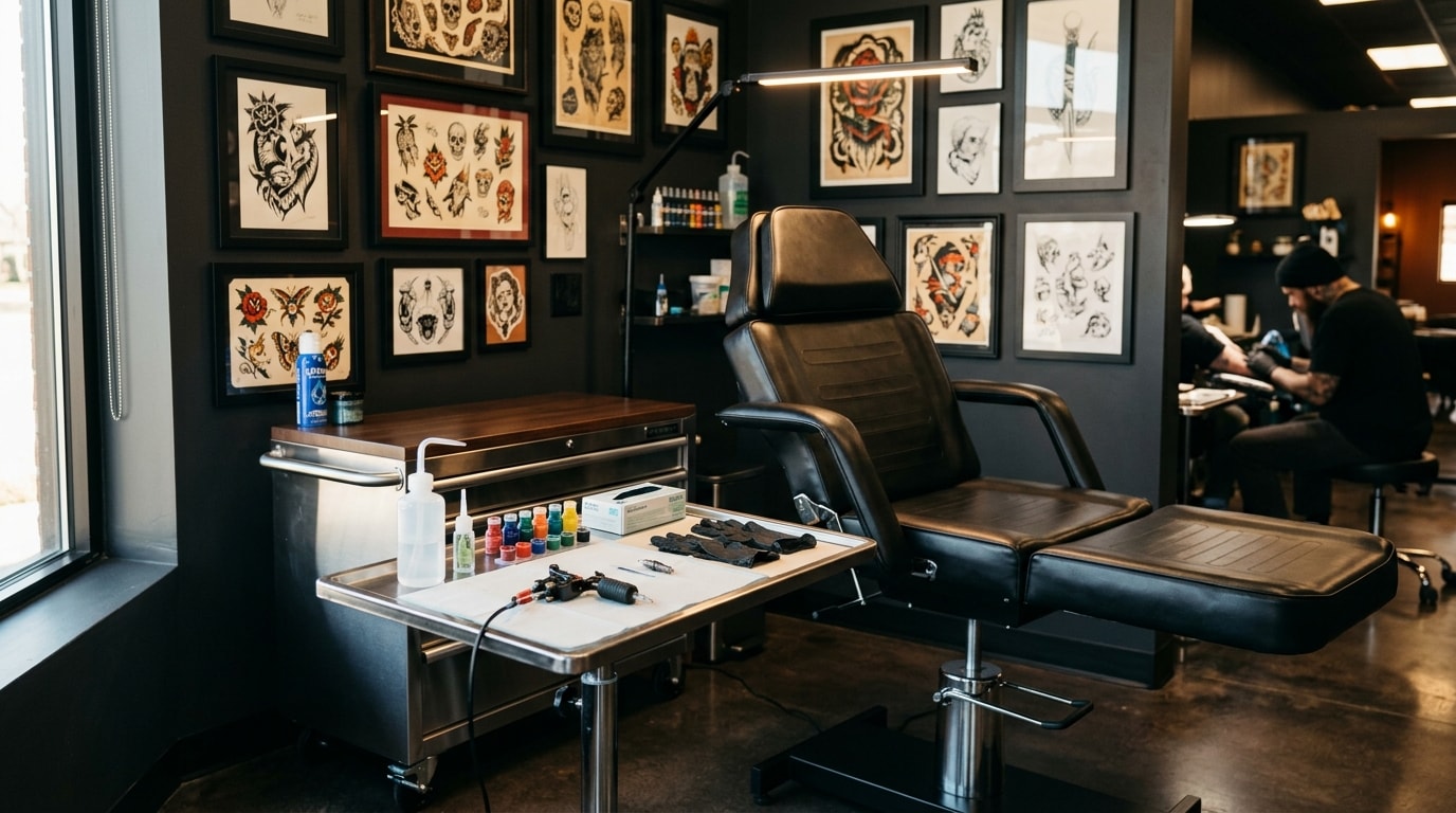 Clean tattoo studio with chair, ink stations, and flash art on walls