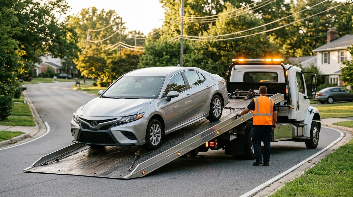 Sedan being loaded onto a flatbed tow truck on a suburban road