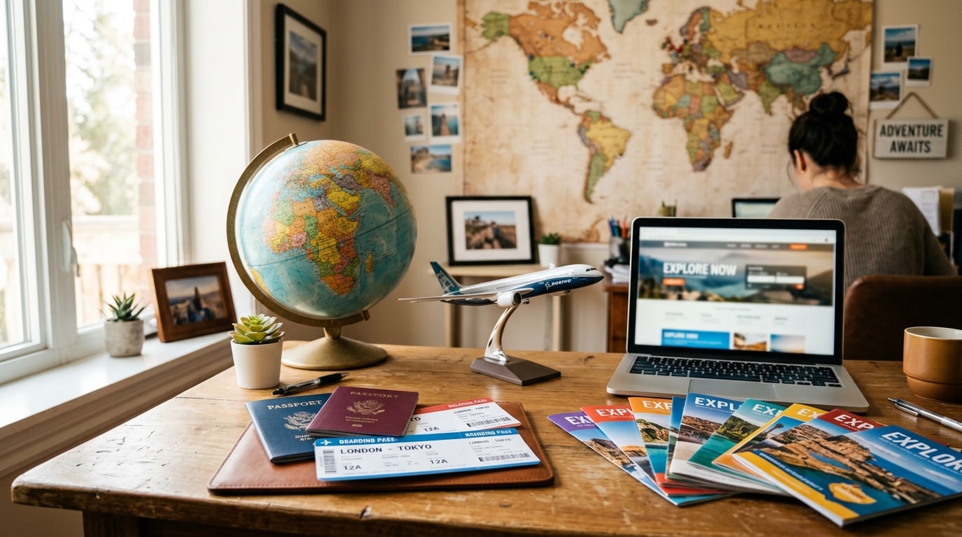 Travel agency desk with globe, destination brochures, and world map