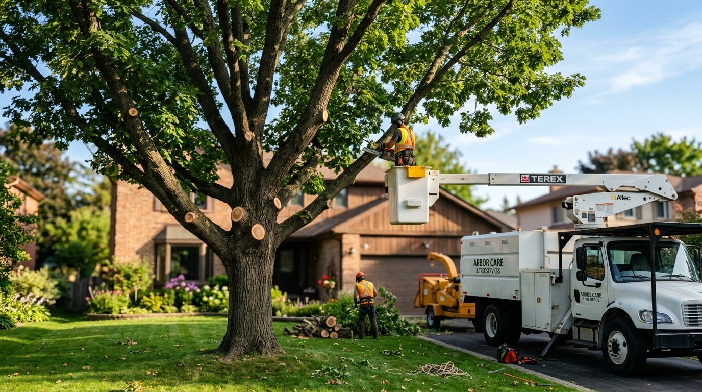 Large mature tree with clean pruning cuts and arborist truck nearby