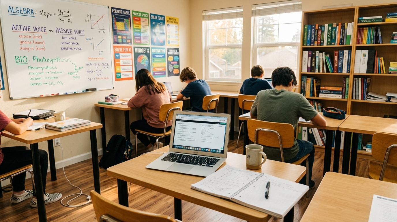 Bright tutoring center with desks, whiteboards, and educational posters
