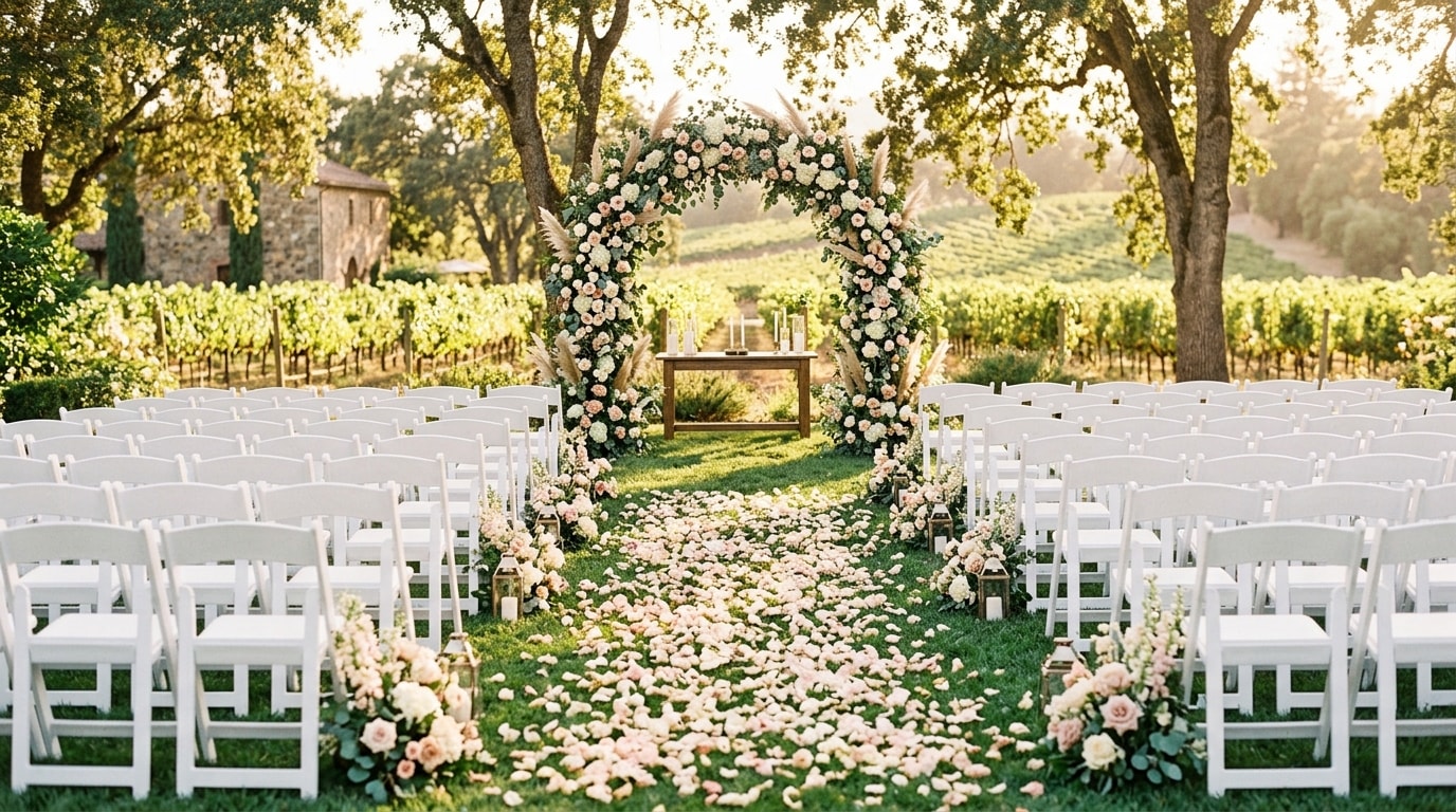 Outdoor wedding ceremony setup with white chairs and floral arch