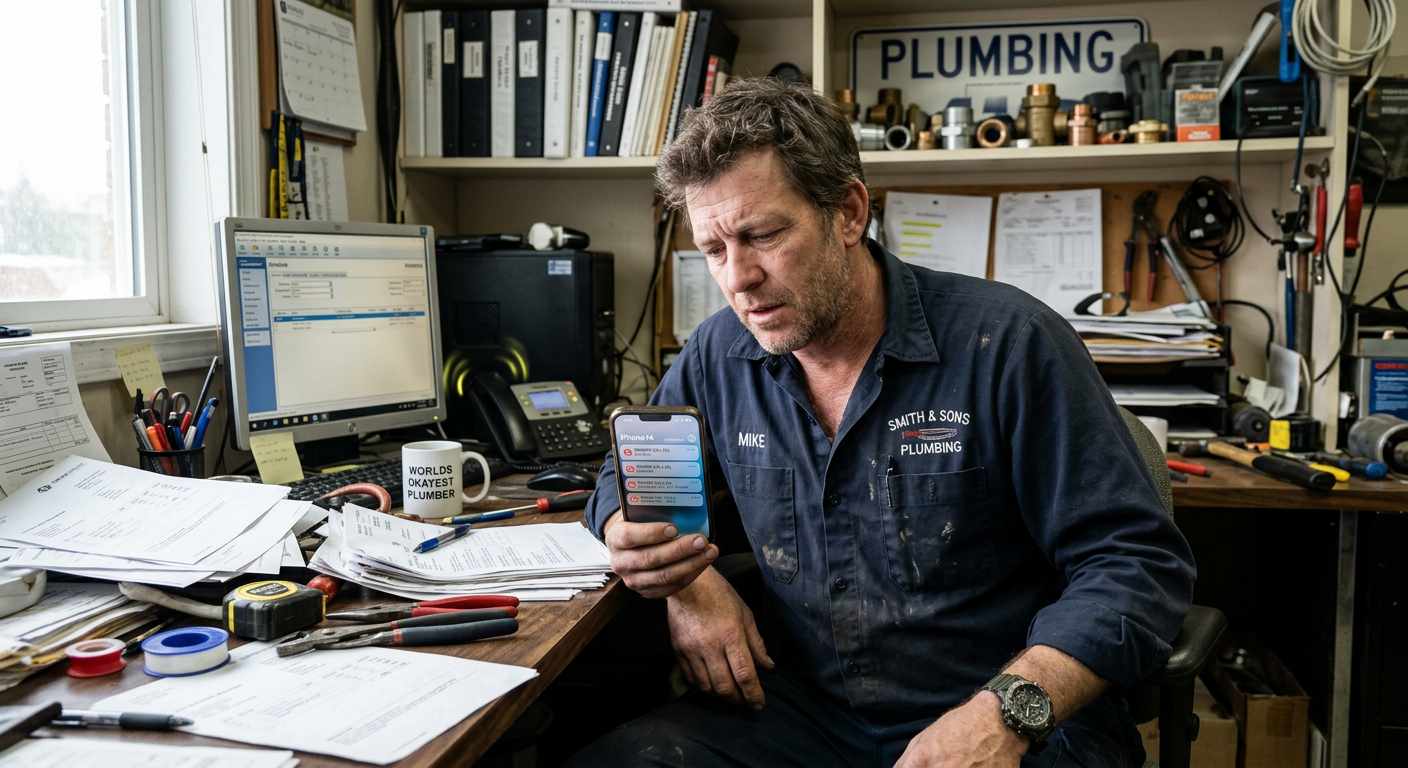 Small business owner checking phone with missed calls at his plumbing office desk