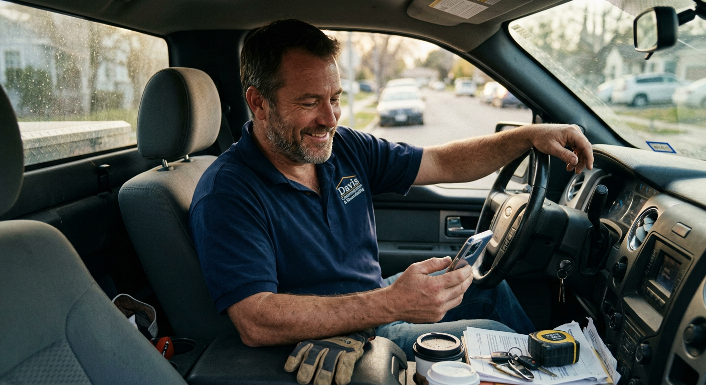 Relaxed contractor smiling while checking phone notifications in his work truck