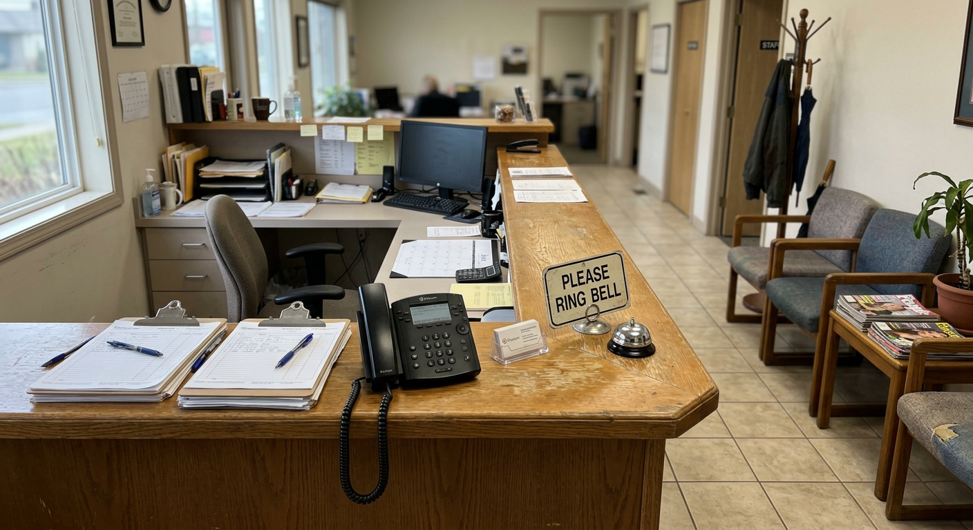 Empty front desk reception area with phone and no one answering calls