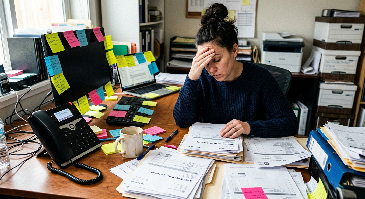 Small business owner overwhelmed at desk with phone ringing and papers scattered