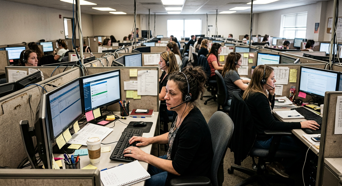 Busy call center with operators wearing headsets at cubicle desks handling answering service calls