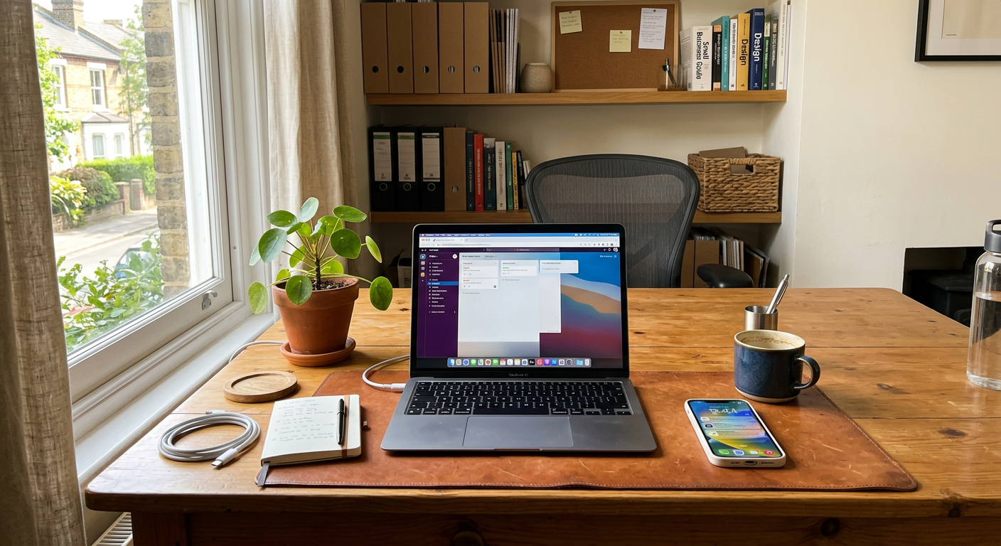 Clean modern small business office with laptop and phone on organized desk