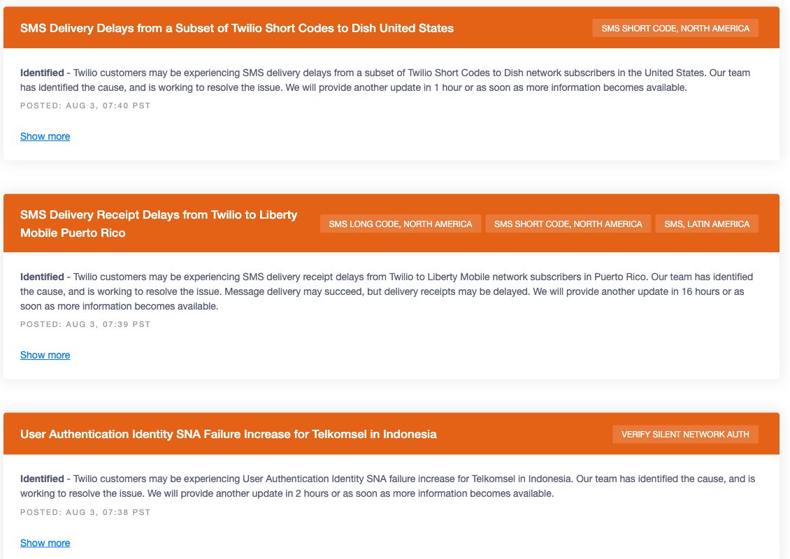 Twilio's public status page showing several open carrier-layer incidents, each with an identified cause, an affected-service tag, and a committed time for the next update