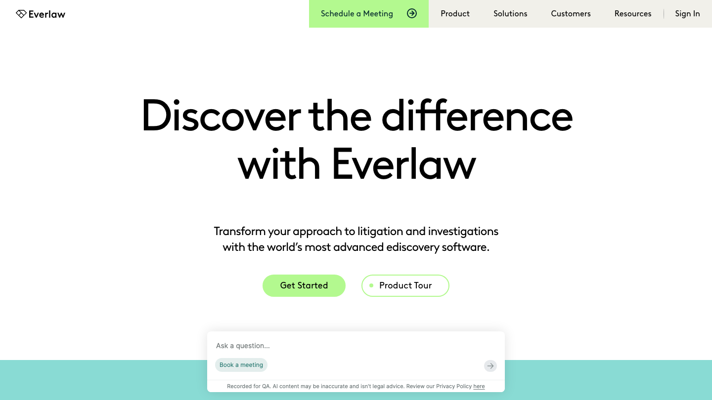 Everlaw homepage hero: "Discover the difference with Everlaw" — eDiscovery for litigation and investigations