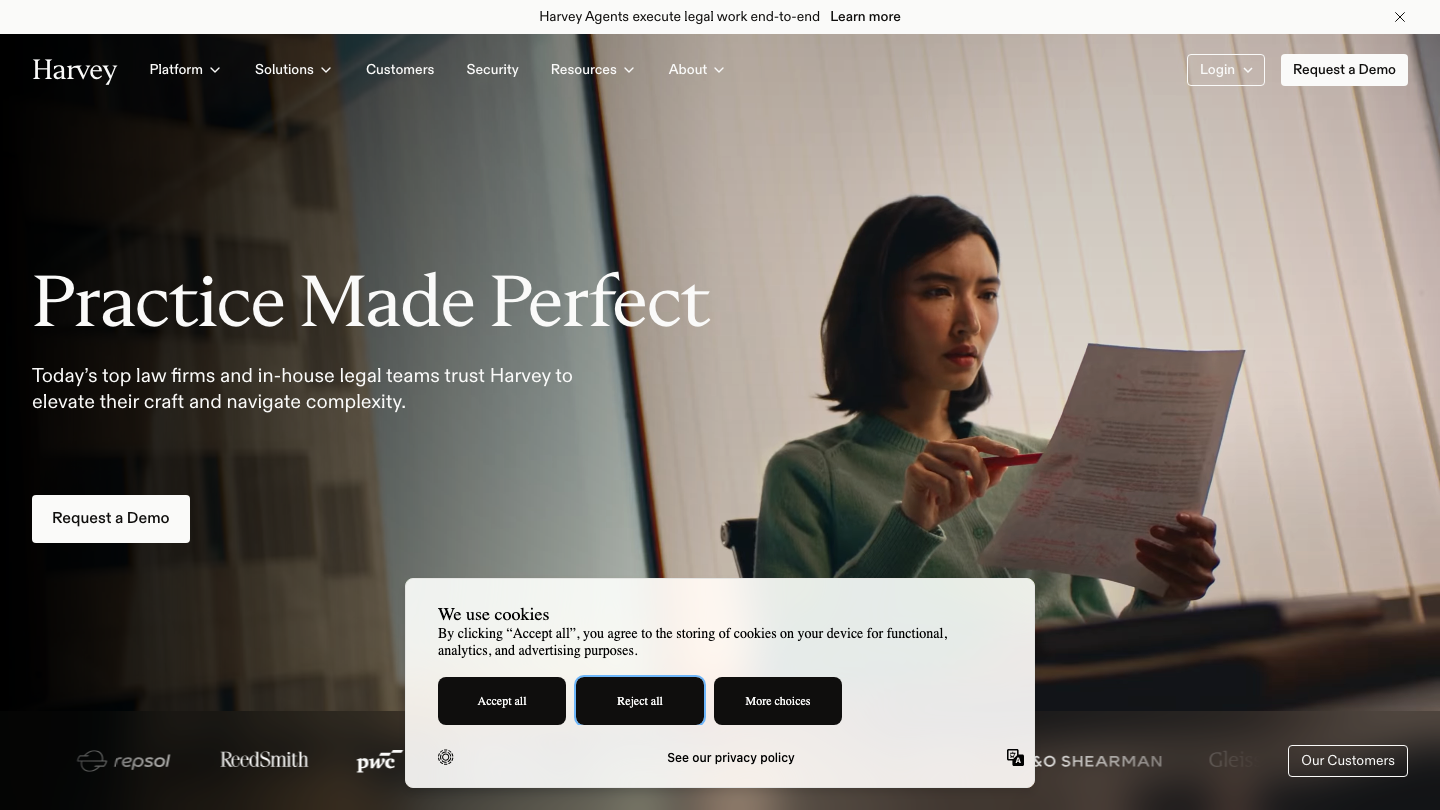 Harvey homepage hero: "Practice Made Perfect" — AI agents for top law firms and in-house legal teams