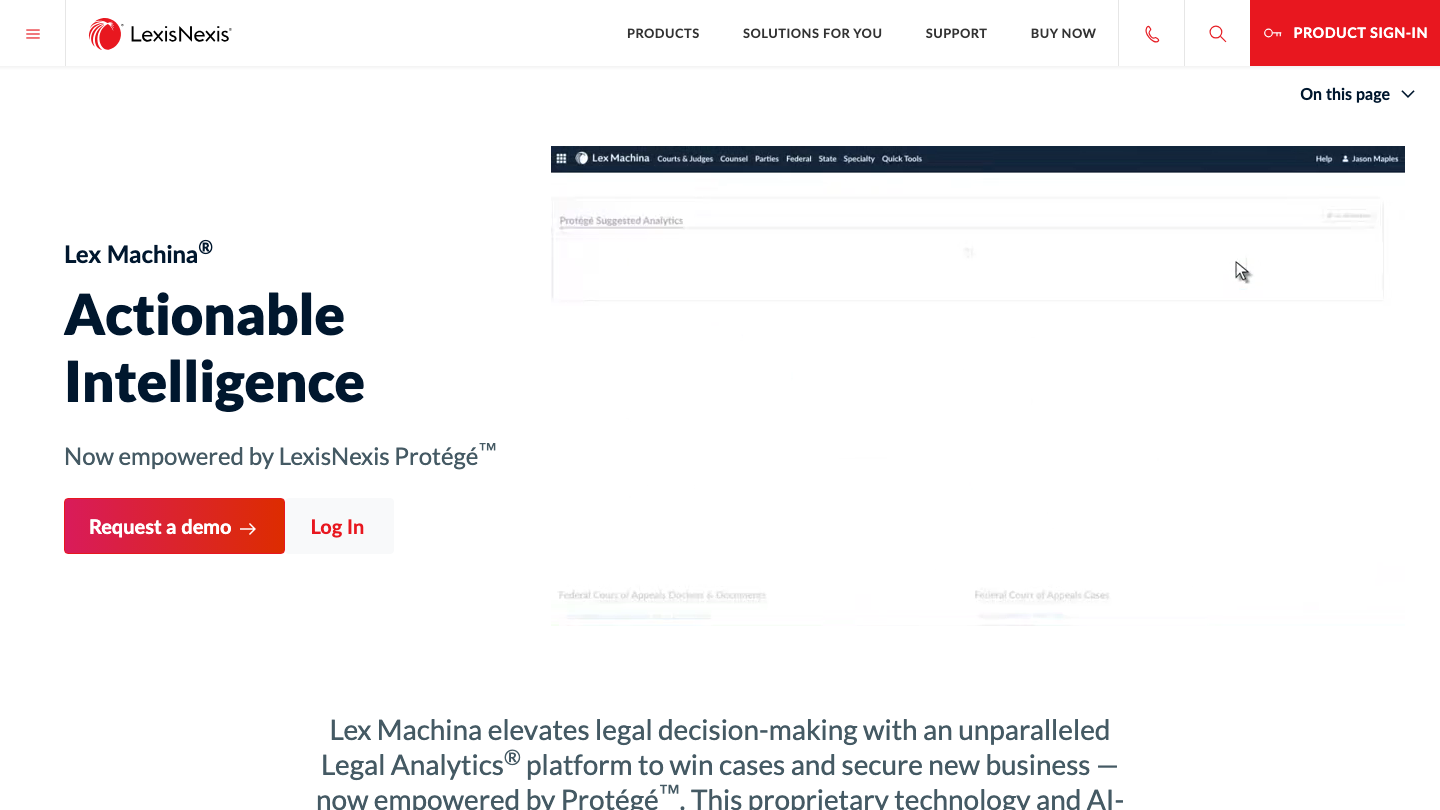 Lex Machina homepage hero: "Actionable Intelligence — Now empowered by LexisNexis Protégé"