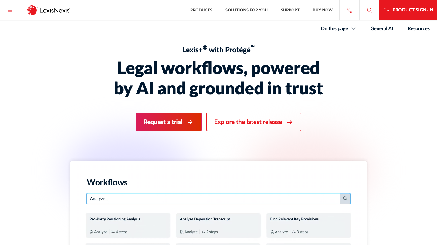 Lexis+ with Protégé homepage hero: "Legal workflows, powered by AI and grounded in trust"