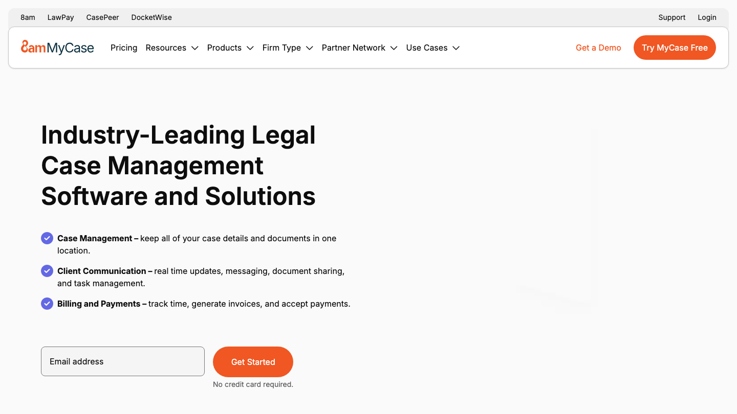 MyCase homepage hero: "Industry-Leading Legal Case Management Software and Solutions"