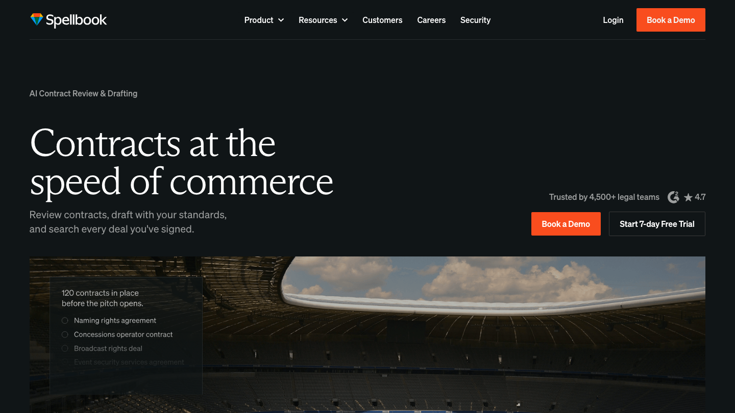 Spellbook homepage hero: "Contracts at the speed of commerce" — AI contract review and drafting