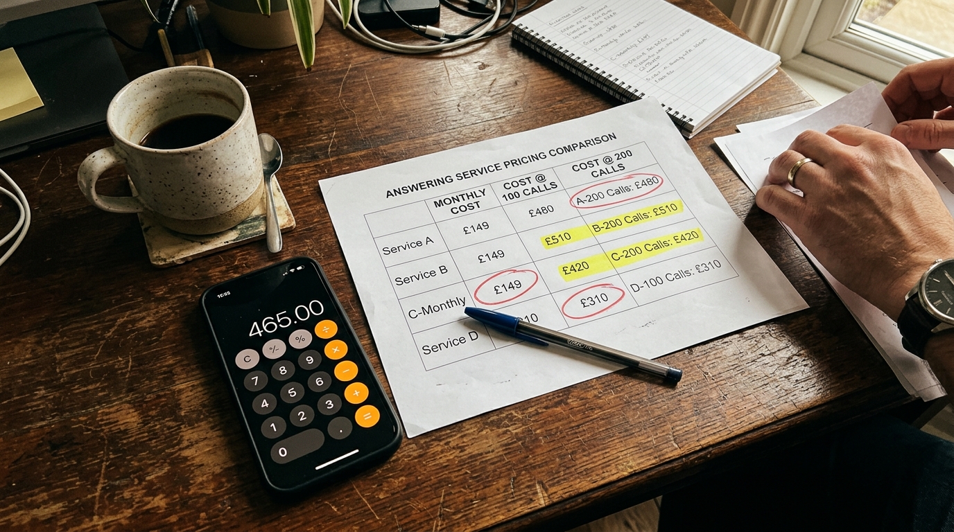 Printed pricing comparison sheet with circled costs and a calculator showing the math on switching services