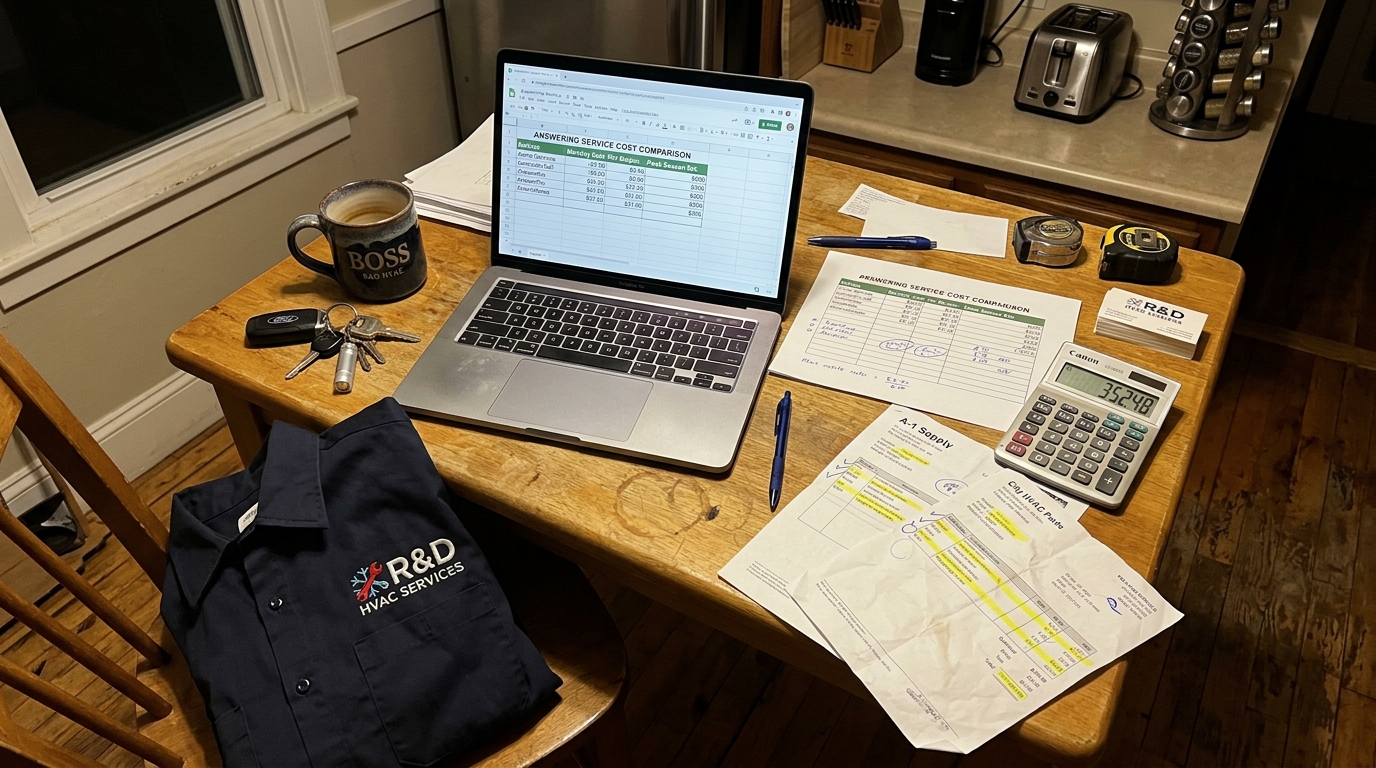 Contractor comparing answering service pricing on a laptop at a kitchen table after hours