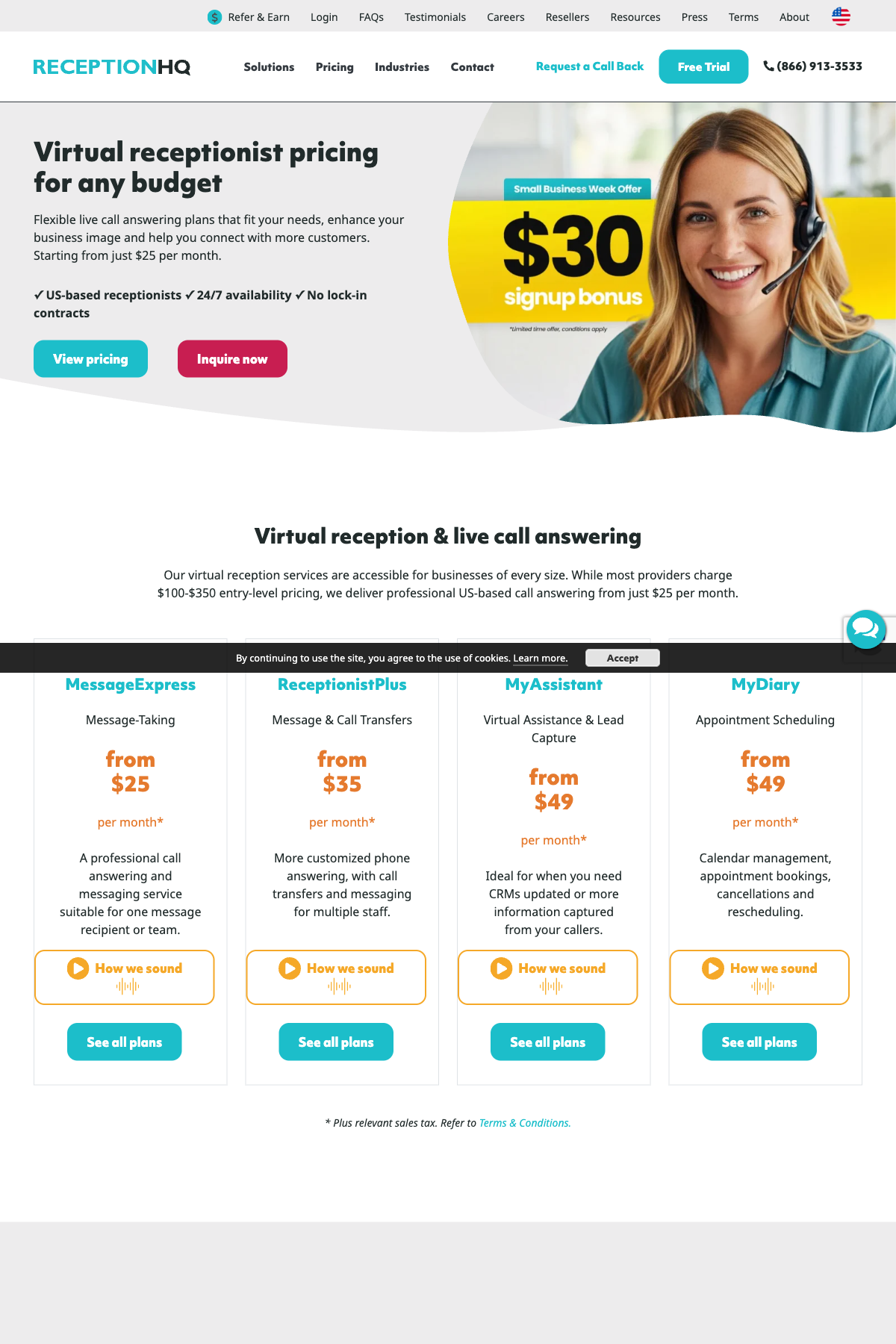 ReceptionHQ pricing page snapshot dated 2026-05-26 showing four plan tiers