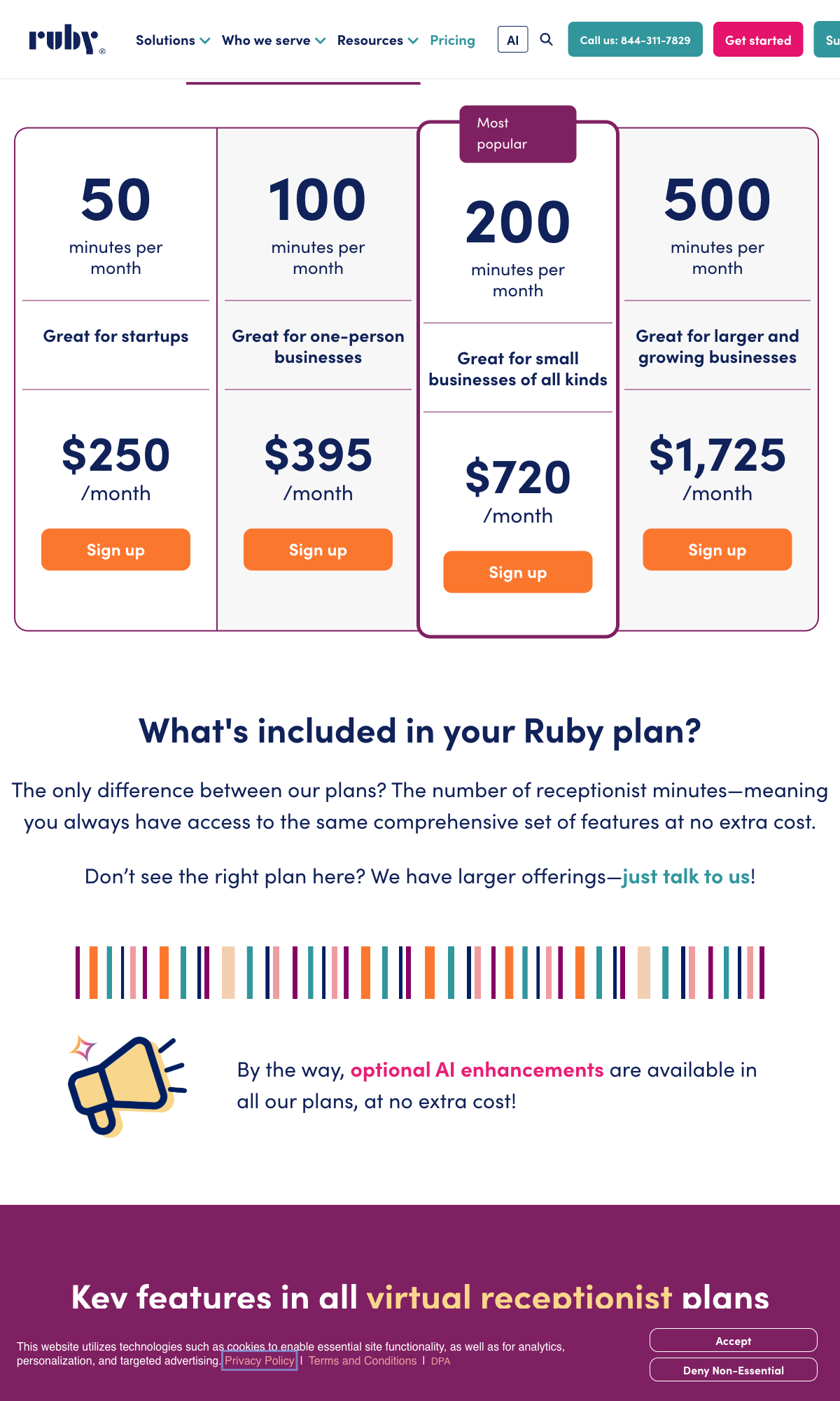 Ruby Receptionists pricing page snapshot dated 2026-05-26 showing 50, 100, 200, and 500 minute plans