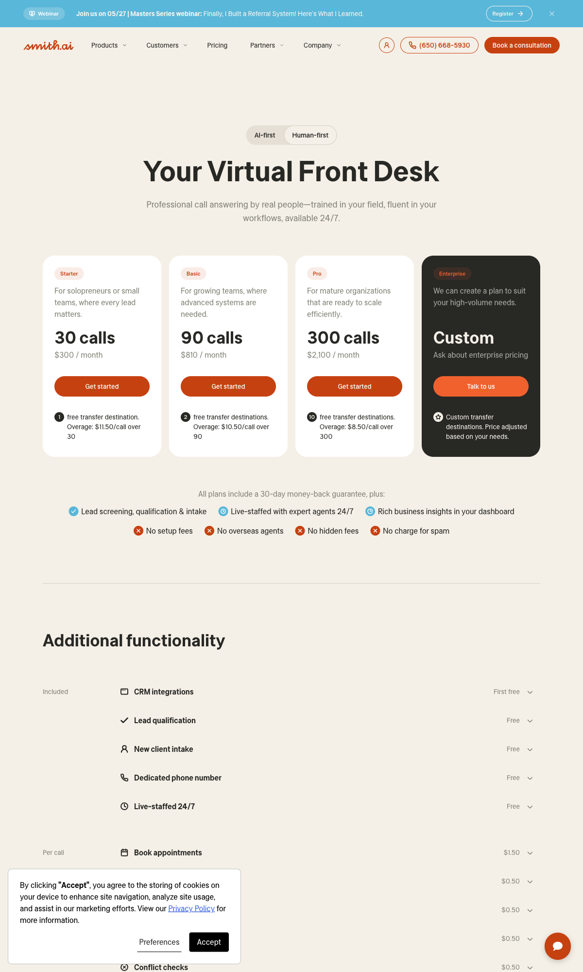 Smith.ai pricing page snapshot dated 2026-05-26 showing AI-first tiers at 30, 90, and 300 calls per month