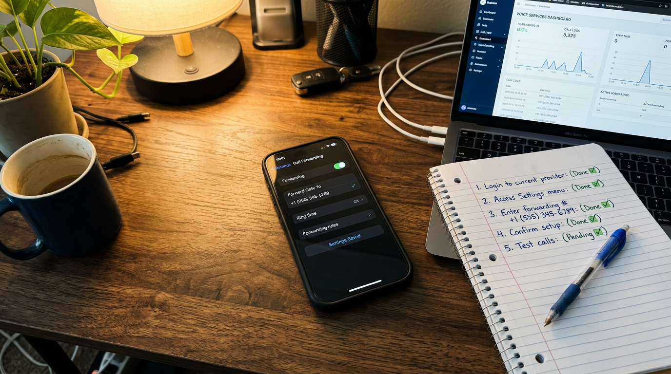 Phone showing call forwarding setup next to laptop with business dashboard and setup checklist