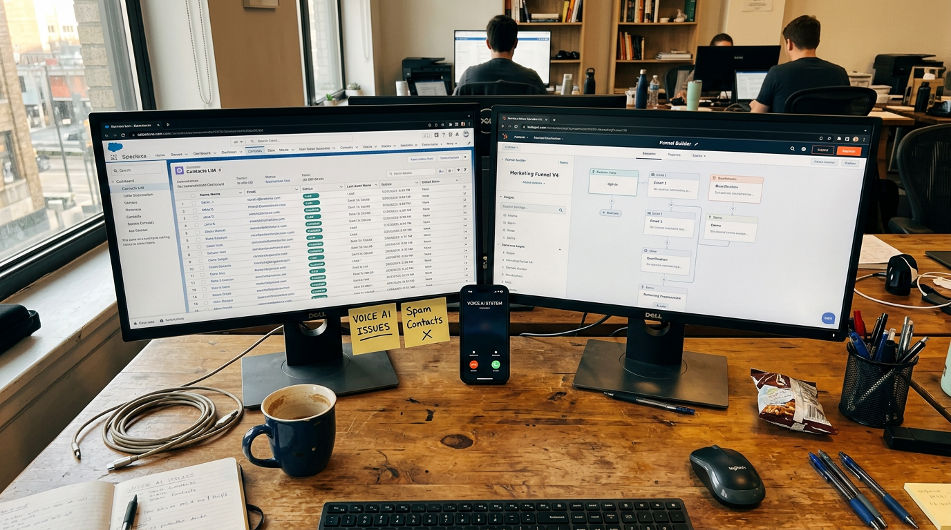 Agency desk with dual monitors showing CRM dashboard and incoming call notification