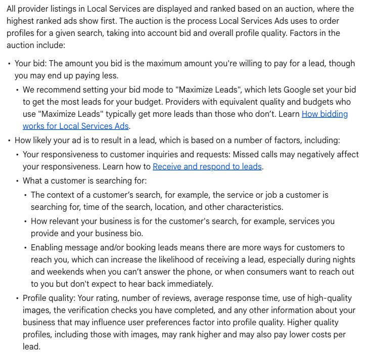 Google's Local Services Help page listing the auction ranking factors, including the line "Your responsiveness to customer inquiries and requests: Missed calls may negatively affect your responsiveness"