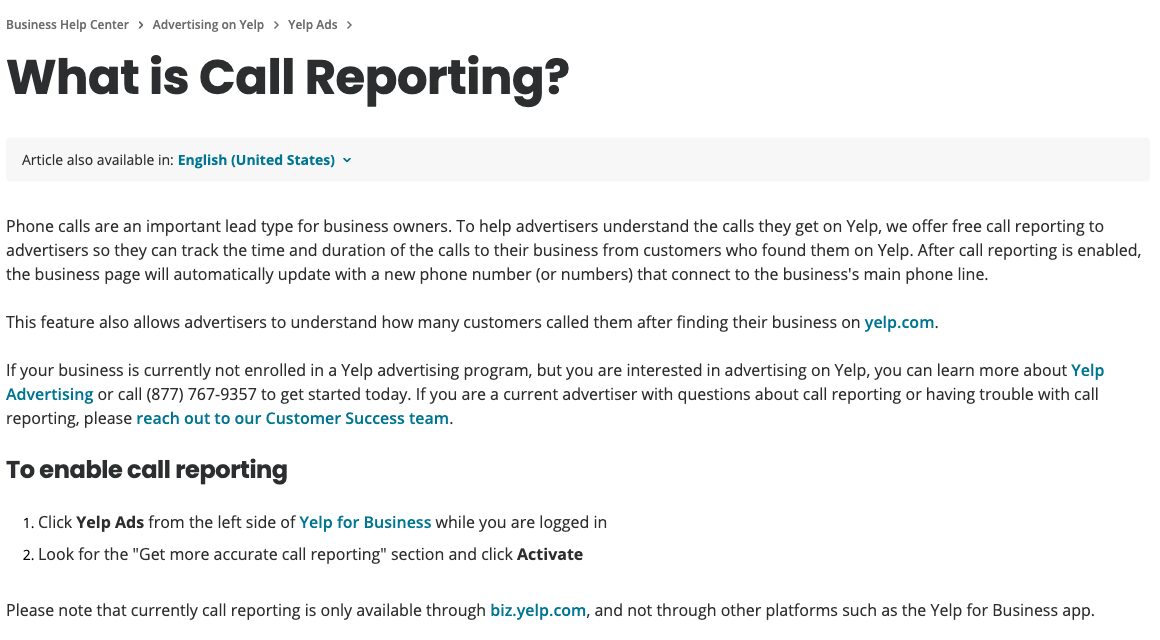 Yelp's Business Help Center page explaining Call Reporting, including the steps to enable it from the Yelp Ads section of Yelp for Business