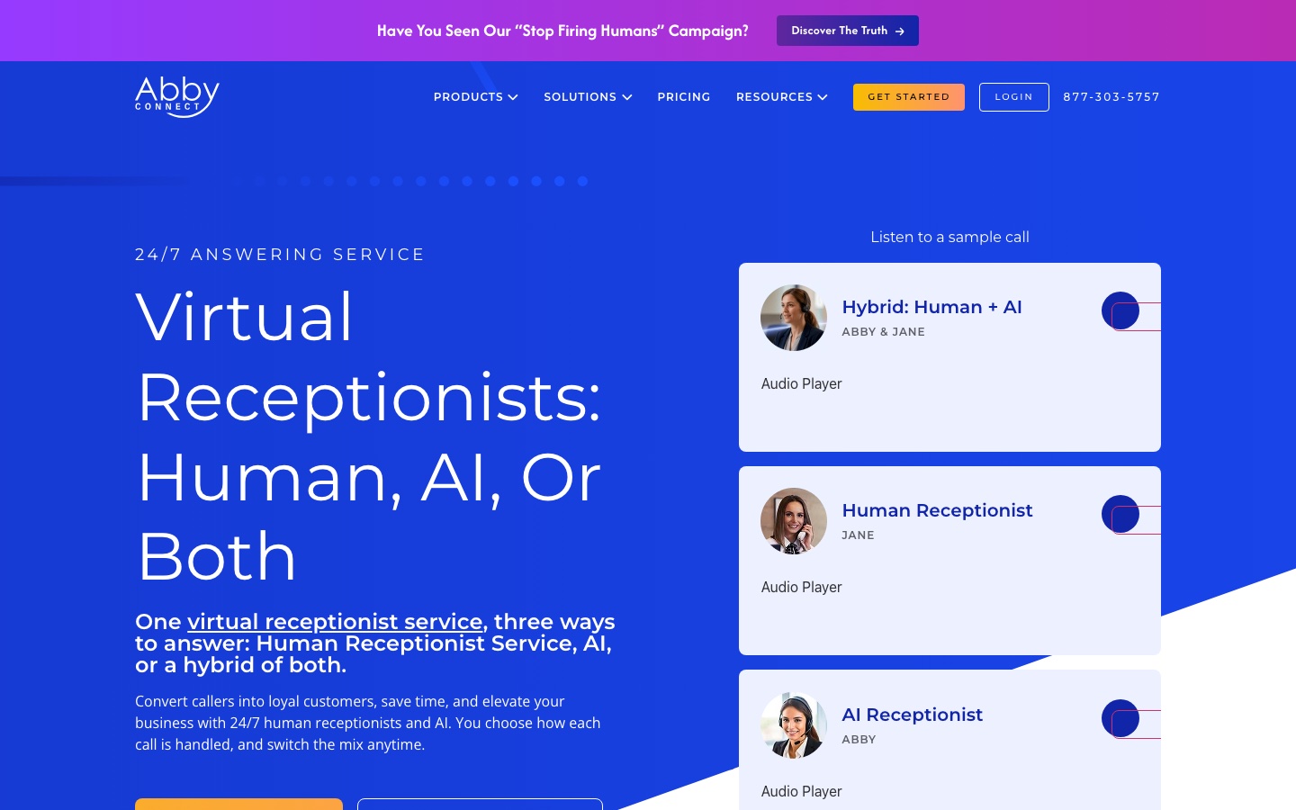 Abby Connect homepage: virtual receptionists that are human, AI or both