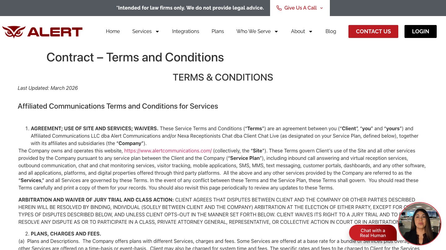 Alert Communications' published contract terms and conditions