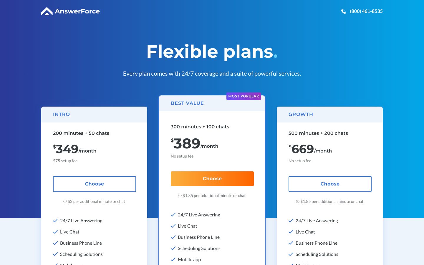 AnswerForce's US price sheet — published at a URL nothing on their site links to