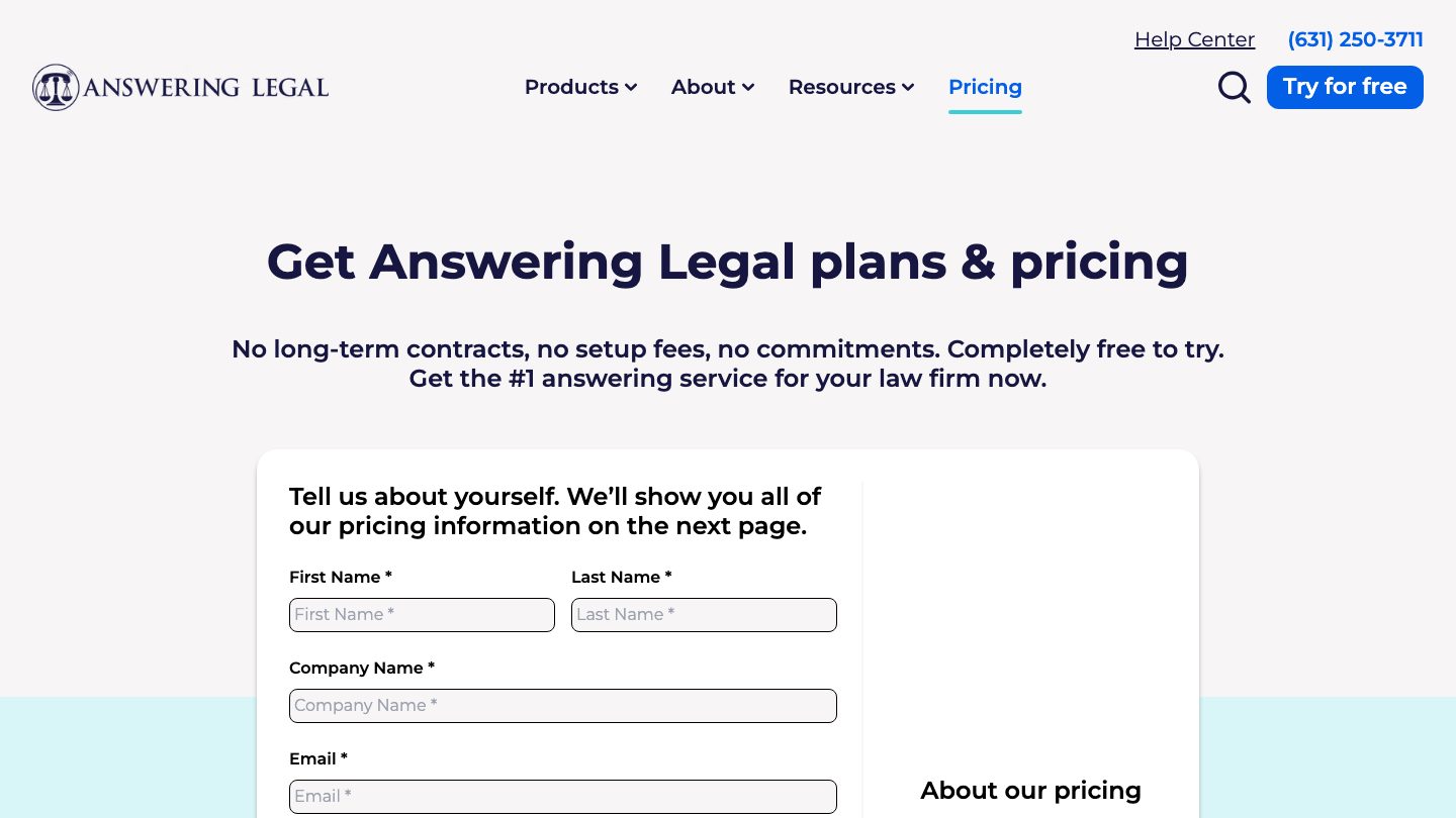 Answering Legal's pricing page — a lead capture form with no prices on it