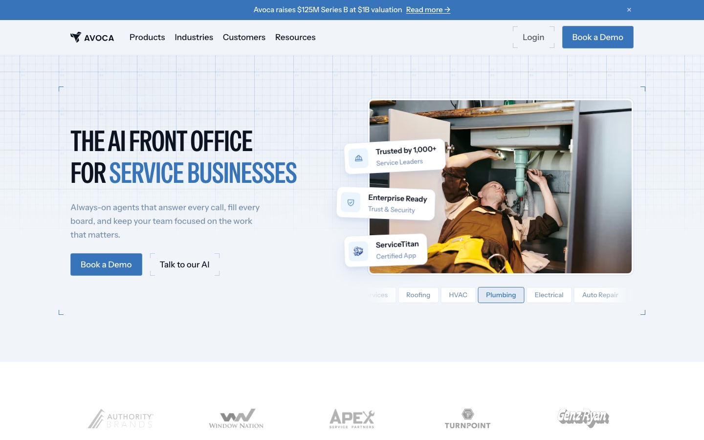 Avoca homepage: "The AI Front Office for Service Businesses," with Book a Demo as the way in