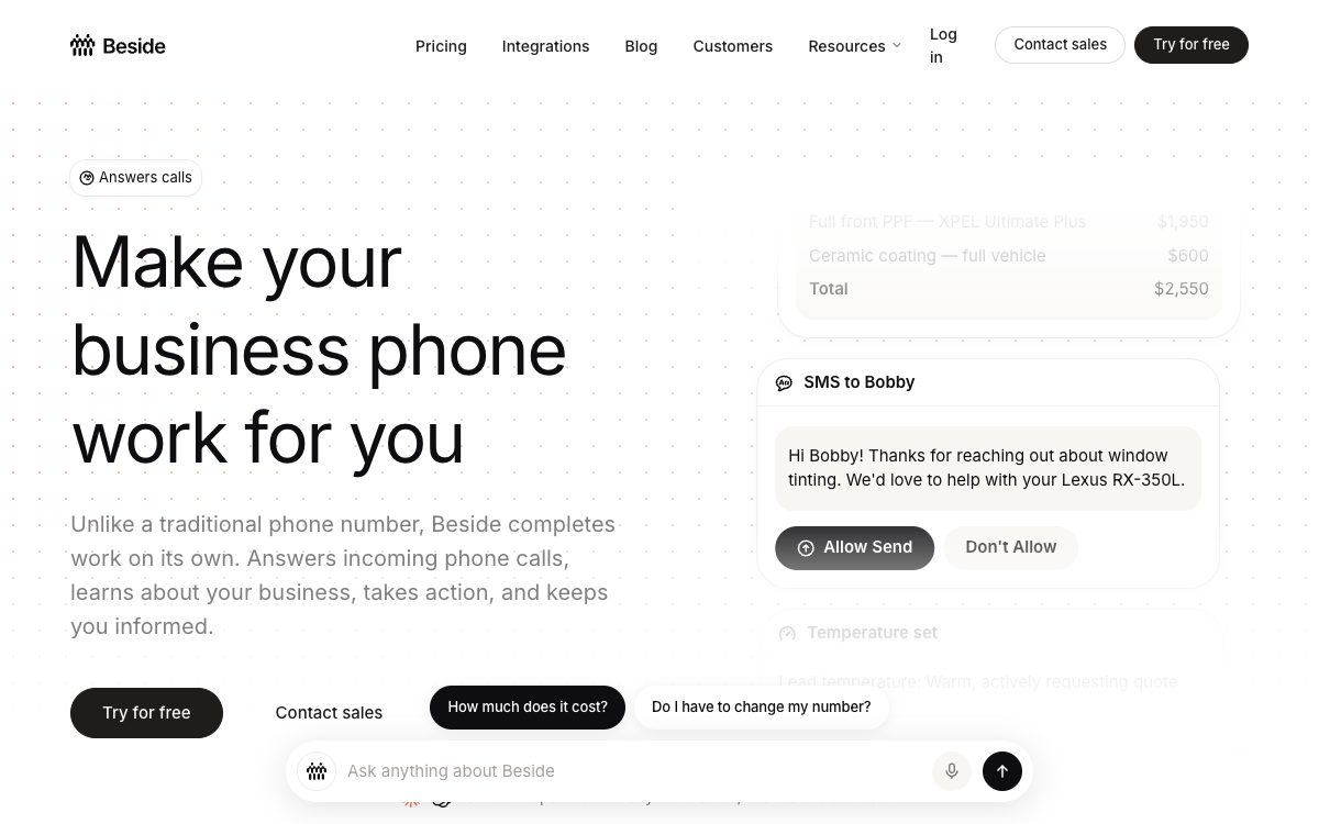 Beside AI receptionist homepage