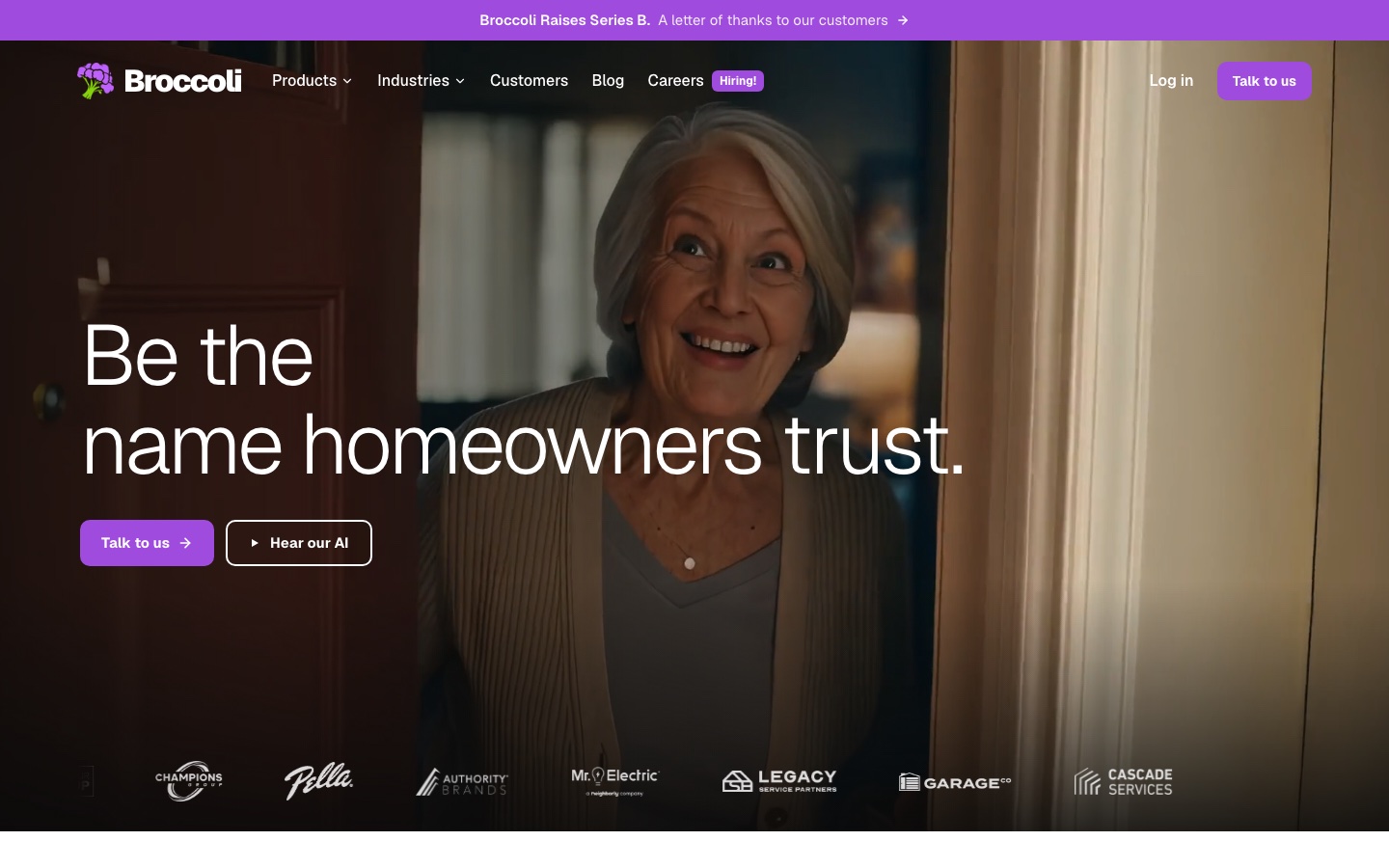 Broccoli homepage, with "Talk to us" as the way in