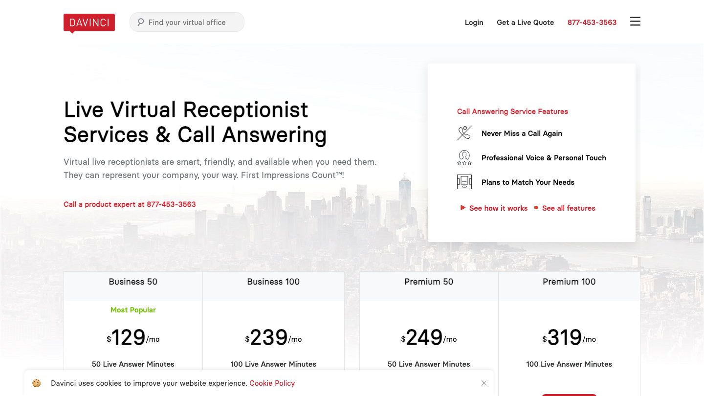 Davinci Virtual's live receptionist plans