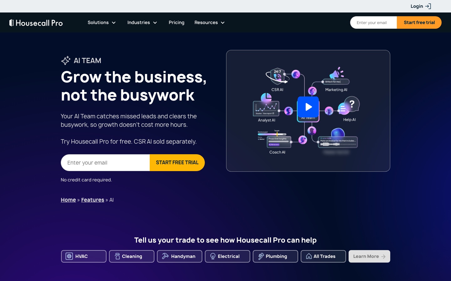 Housecall Pro's AI Team page, noting CSR AI is sold separately
