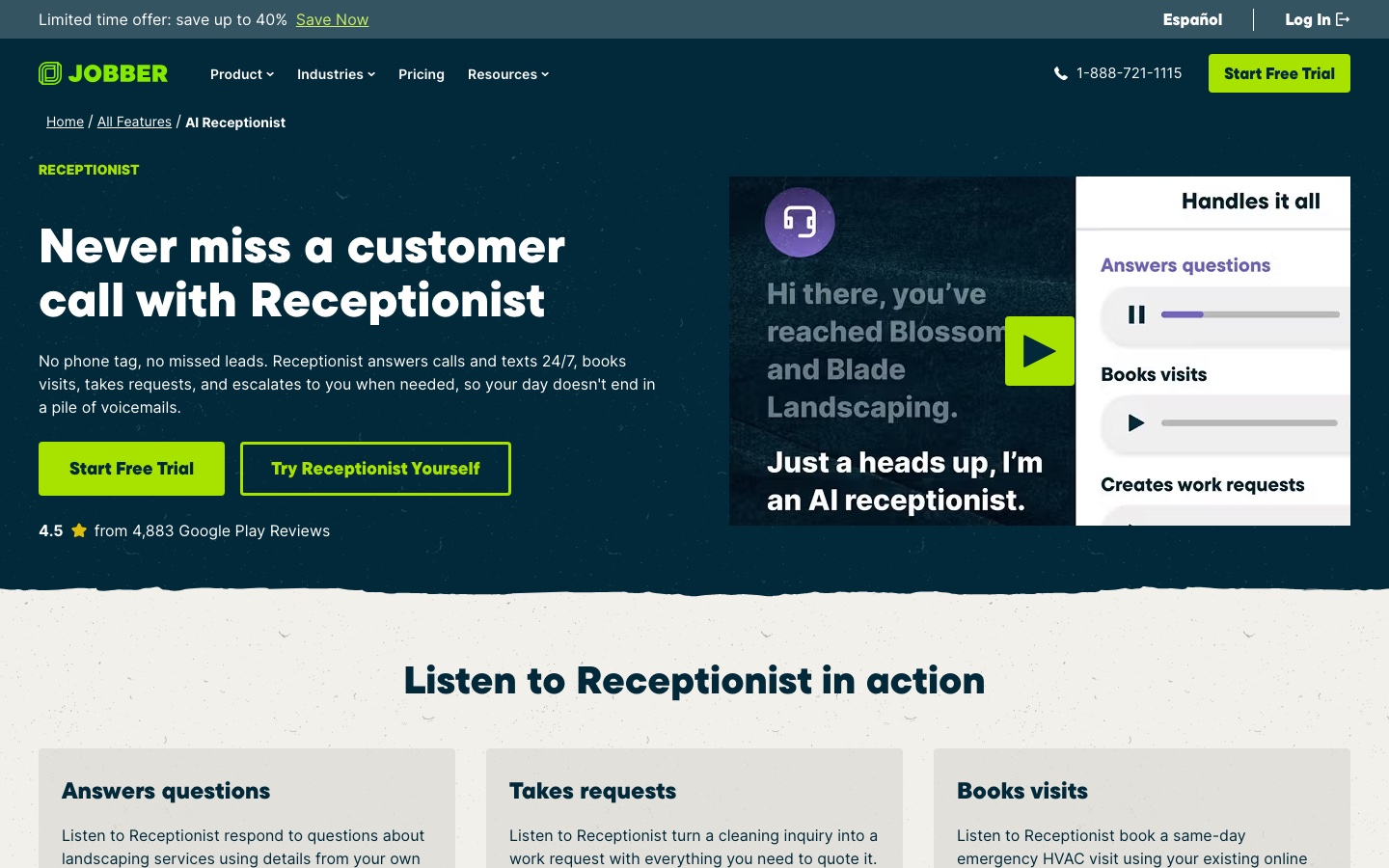 Jobber's Receptionist feature page: answers calls and texts 24/7 and books visits