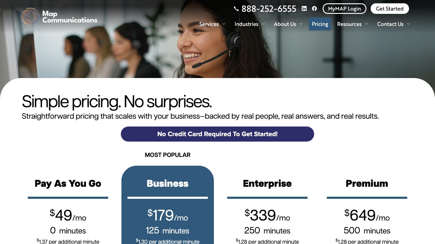 MAP Communications' pricing page, showing all four plans and their overage rates