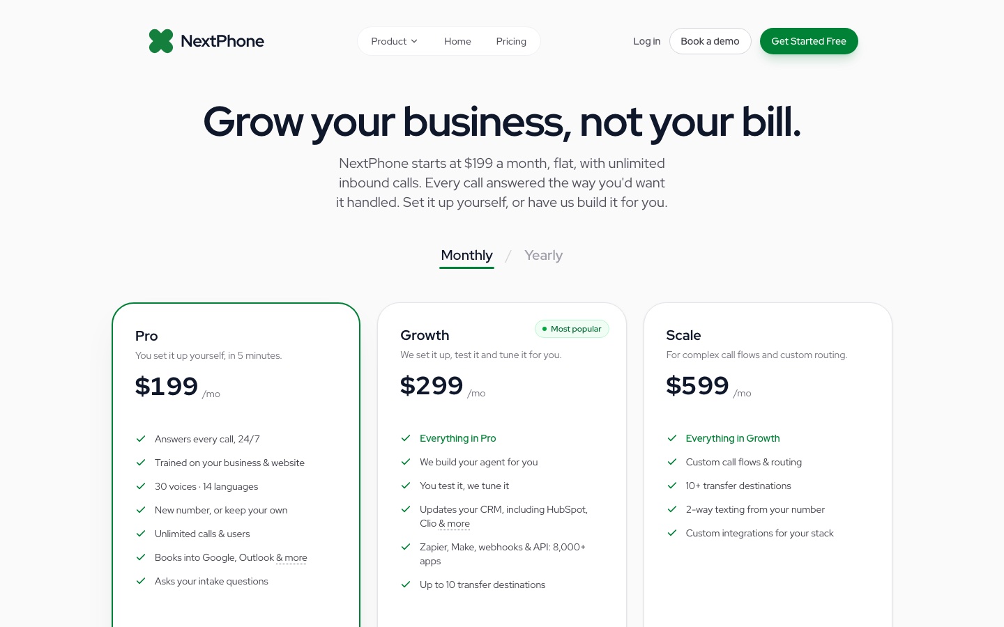 NextPhone pricing page: Pro $199, Growth $299 and Scale $599 a month, flat, with unlimited inbound calls