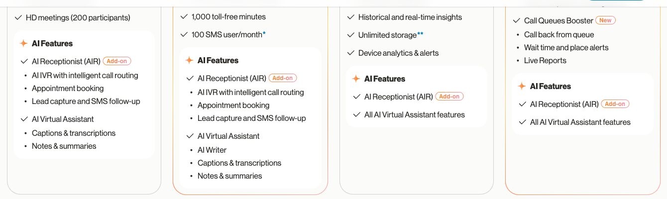 RingCentral's RingEX plan comparison showing the AI Features section of each tier, with "AI Receptionist (AIR)" carrying an "Add-on" badge on every one of the four plans