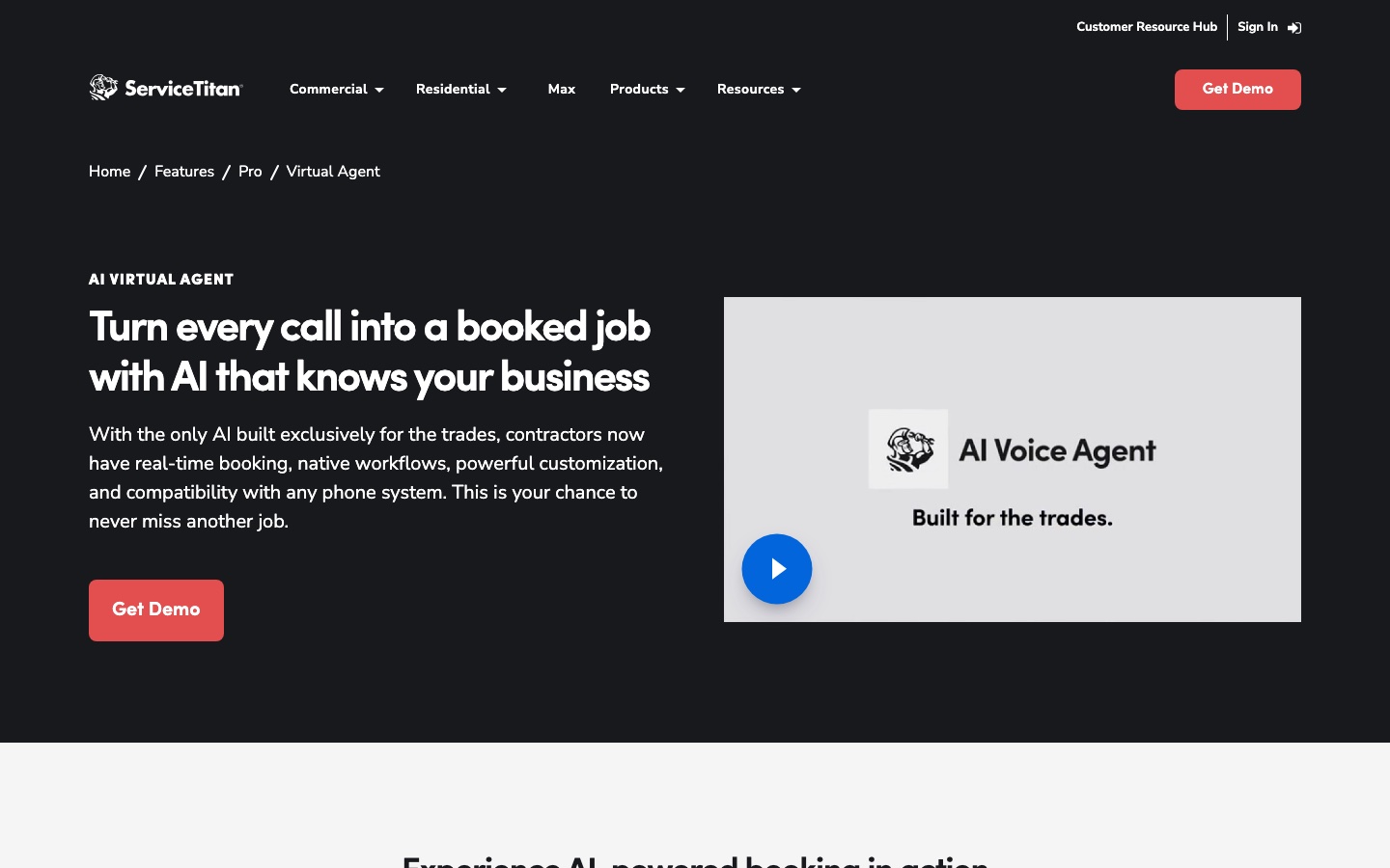 ServiceTitan's AI Virtual Agent page, with Get Demo as the way in