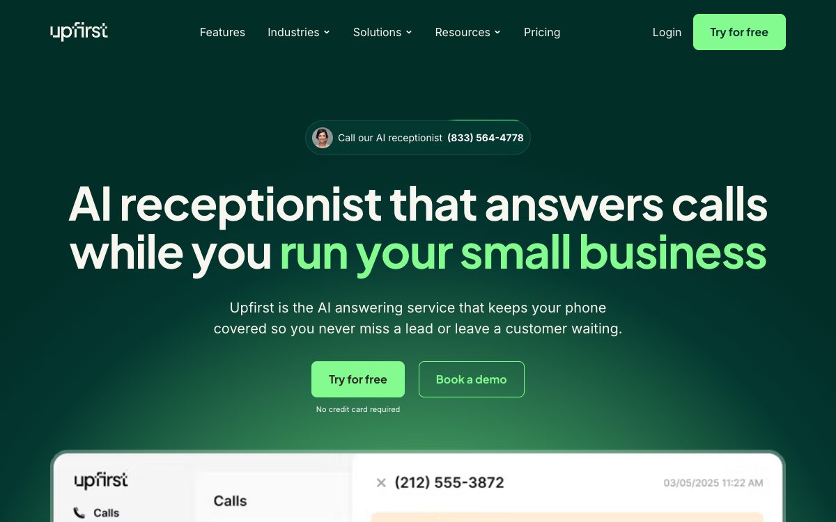 Upfirst AI answering service homepage